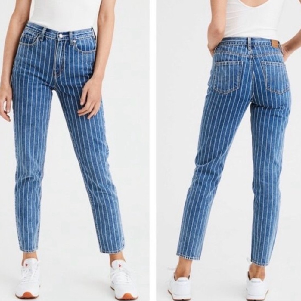 American Eagle Women’s Jeans Pinstripe Mom White Stripe 100% Cotton Blue Size 2